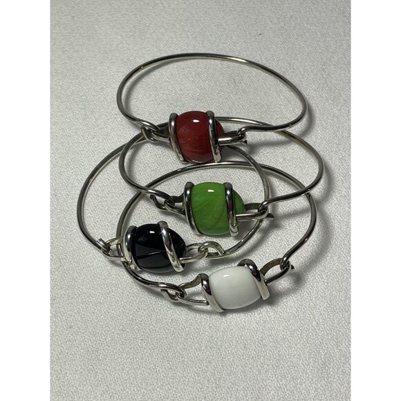 Unbranded Jewelry - Vtg Silver Wrapped Wire Green Copper Black White Glass Bangle Bracelets 4 in lot